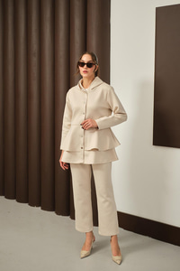 Gold Düğme Detay İkili Takım Krem