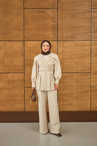 Gold Düğme Detay İkili Takım Krem