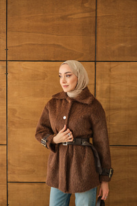 Gold Düğme Detay Kemerli Ceket Kahverengi