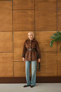 Gold Düğme Detay Kemerli Ceket Kahverengi