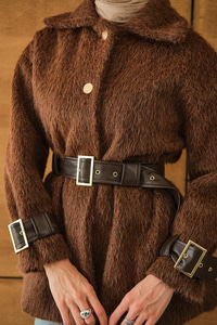 Gold Düğme Detay Kemerli Ceket Kahverengi