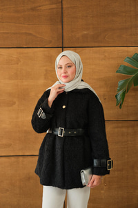 Gold Düğme Detay Kemerli Ceket Siyah