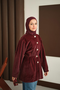 Gold Düğme Detay Kısa Kaban Bordo