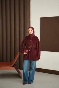 Gold Düğme Detay Kısa Kaban Bordo