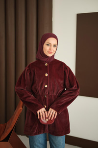 Gold Düğme Detay Kısa Kaban Bordo