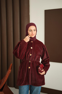 Gold Düğme Detay Kısa Kaban Bordo