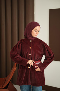 Gold Düğme Detay Kısa Kaban Bordo