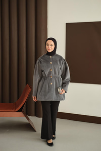 Gold Düğme Detay Kısa Kaban Gri