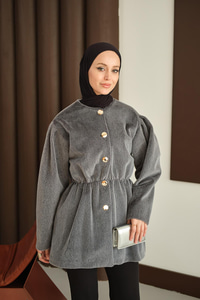 Gold Düğme Detay Kısa Kaban Gri