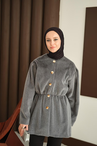 Gold Düğme Detay Kısa Kaban Gri