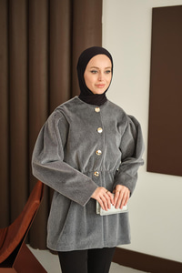 Gold Düğme Detay Kısa Kaban Gri