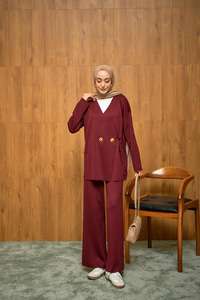 Gold Düğme Detay Takım Bordo