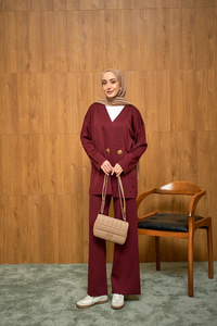 Gold Düğme Detay Takım Bordo