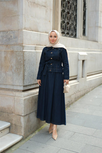 Gold Düğme Detaylı Demim Takım Koyu Mavi