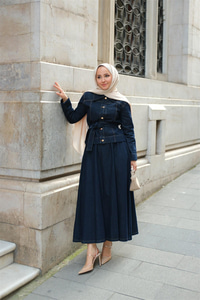 Gold Düğme Detaylı Demim Takım Koyu Mavi