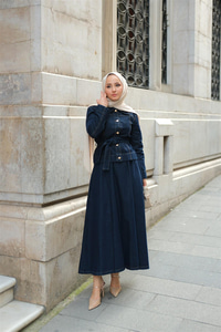 Gold Düğme Detaylı Demim Takım Koyu Mavi