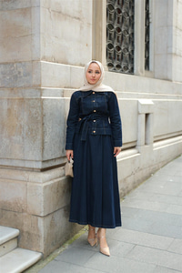 Gold Düğme Detaylı Demim Takım Koyu Mavi