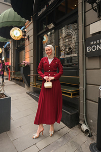 Gold Düğme Detaylı Etekli Takım Bordo