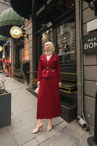 Gold Düğme Detaylı Etekli Takım Bordo