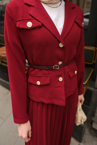 Gold Düğme Detaylı Etekli Takım Bordo