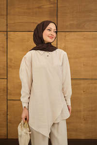 Gold Düğme Detaylı Pantolonlu Modal Takım Krem