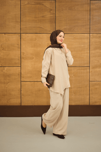 Gold Düğme Detaylı Pantolonlu Modal Takım Vizon