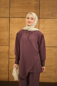 Gold Düğme Detaylı Pantolonlu Modal Takım Mürdüm