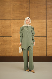 Gold Düğme Detaylı Pantolonlu Modal Takım Haki Yeşil