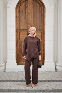 Gold Düğme Detaylı Pantolonlu Modal Takım Kahverengi