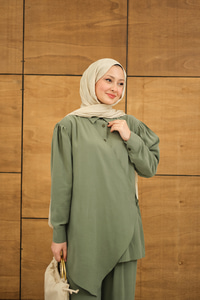 Gold Düğme Detaylı Pantolonlu Modal Takım Haki Yeşil