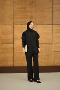 Gold Düğme Detaylı Pantolonlu Modal Takım Siyah