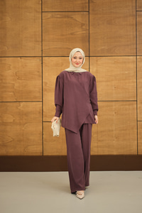 Gold Düğme Detaylı Pantolonlu Modal Takım Mürdüm