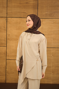 Gold Düğme Detaylı Pantolonlu Modal Takım Vizon