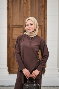 Gold Düğme Detaylı Pantolonlu Modal Takım Kahverengi