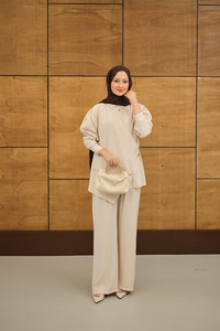 Gold Düğme Detaylı Pantolonlu Modal Takım Krem