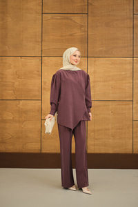 Gold Düğme Detaylı Pantolonlu Modal Takım Mürdüm