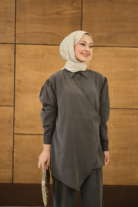 Gold Düğme Detaylı Pantolonlu Modal Takım Antrasit