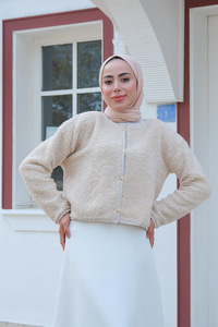 Gold Düğme Detaylı Peluş Ceket  Krem