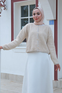 Gold Düğme Detaylı Peluş Ceket  Krem