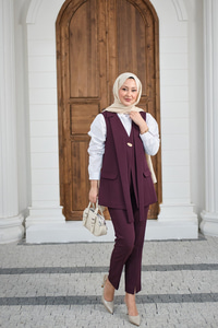 Gold Düğme Detaylı Yelekli Takım Mürdüm