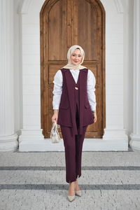 Gold Düğme Detaylı Yelekli Takım Mürdüm