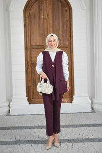 Gold Düğme Detaylı Yelekli Takım Mürdüm