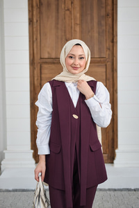 Gold Düğme Detaylı Yelekli Takım Mürdüm