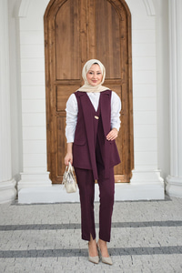 Gold Düğme Detaylı Yelekli Takım Mürdüm