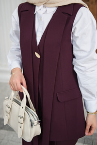 Gold Düğme Detaylı Yelekli Takım Mürdüm