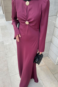 Gold Düğme Saten Elbise  Bordo