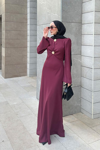 Gold Düğme Saten Elbise  Bordo