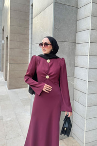 Gold Düğme Saten Elbise  Bordo