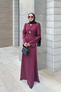 Gold Düğme Saten Elbise  Bordo