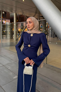 Gold Düğme Saten Elbise  Lacivert